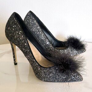 Black and Silver Glitter High Heels with Feather Poof